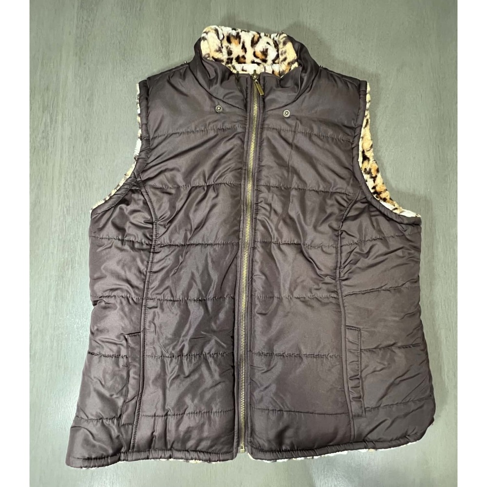 Reversible Puffer Vest Brown Quilted Leopard Faux Fur Zip Up Sleeveless Jacket